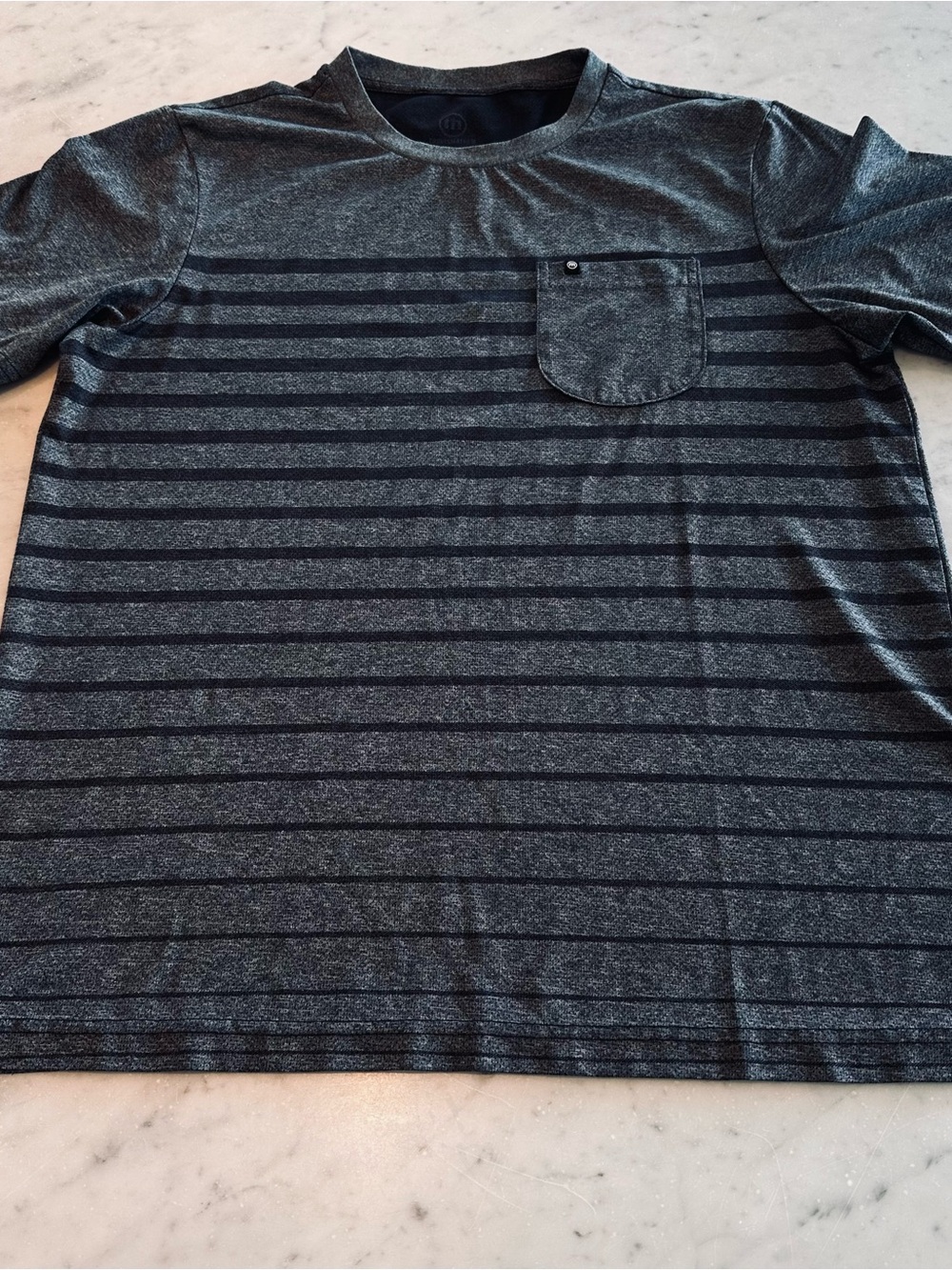 Travis Mathew Men's Charcoal Gray and Black Striped Pocket Tee